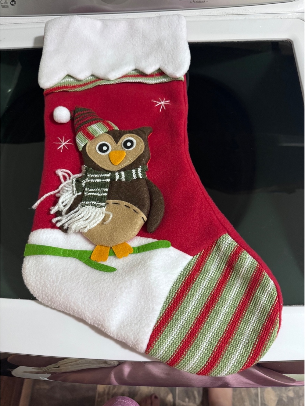 Personal Creations Red and White Christmas Stocking with Owl Design